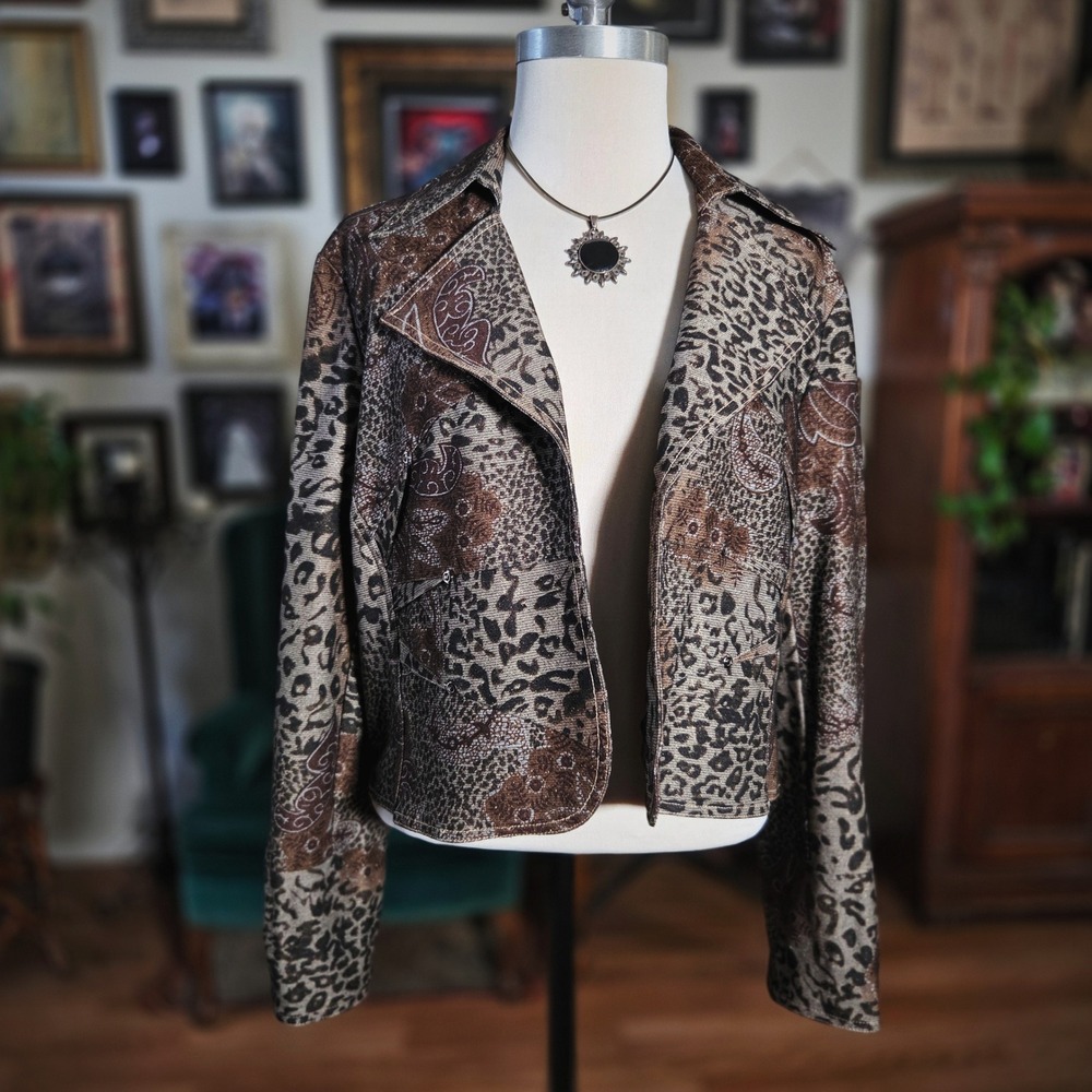 Picadilly Fashions Leopard Metallic Moto Jacket Brown Gold Womens Cropped Blazer - Picture 2 of 7